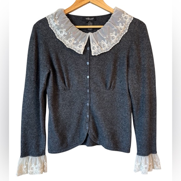 Willi Smith Cardigan Sweater Women's M Gray Lace Cream Collar Rabbit Hair Silk - Picture 1 of 7